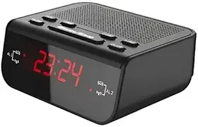Relógio Despertador Digital Elétrico com Rádio AM/FM, Alarme, Snooze e Display LED Ajustável – Preto