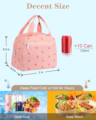 TENKIST Cute Lunch Box Tote Bag - CoolerCorduroy Insulated Bags for Women - Lightweight Reusable Portable Soft Lunch Pail Kit for Girl Adults Work Picnic Travel Pink 8L — view 2