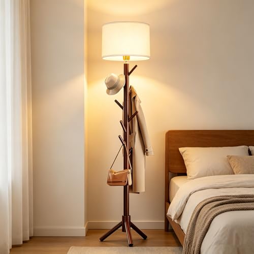 Image of Amy&Lucky Floor Lamp with Coat Rack, Multi-Functional Standing Lamp with Linen Fabric Lampshade, 8 Sturdy Wooden Hooks Heavy-Duty Base, Modern Hallway and Reading Lamp for Living Room Bedroom