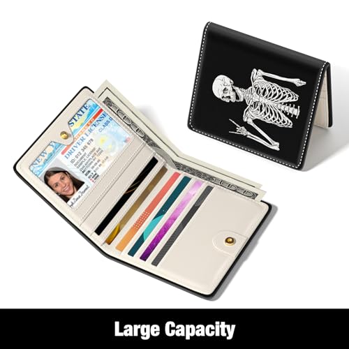 Image of Rouidr Womens Wallet, RFID Small Slim Wallet for Women, Cute Bifold Leather Pocket Credit Card Holder Ladies Mini Purse with Zipper Coin Pocket & ID Window, Abstract Skull