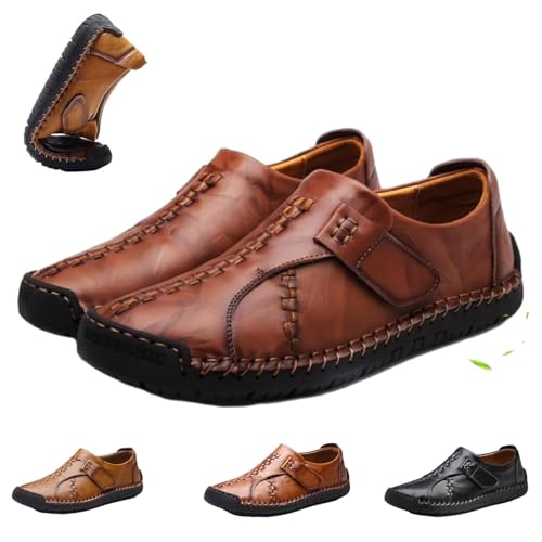 Men's Comfy Lightweight Hand Stitching Leather Shoes, Genuine Slip-on Sneaker Formal Oxford Penny Classic Moccasins Driving Walking Loafers