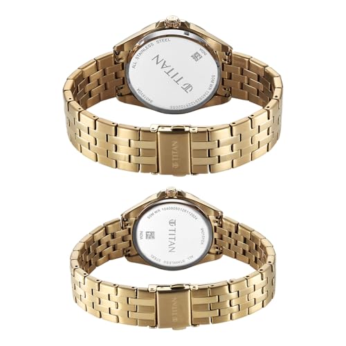 Image of Titan Modern Bandhan Pair Analog with Black Dial Yellow Gold Stainless Steel Strap Watch for Couples - 9401594215YM01