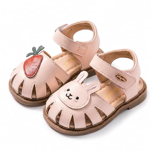 Süße Lauflernschuhe Mädchen Sommer Geschlossene Zehen Sandalen Kleinkind Sommerschuhe Klettverschluss Rutschfeste Strand Wasser Schuhe mit Niedlichem Häschen & Karotten Motiv (26 F8816-Rosa)