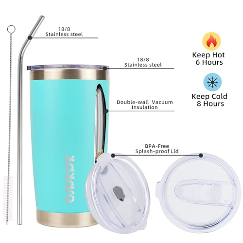 Image of BJPKPK 20 oz Coffee Tumbler with Lid, Straw, Insulated Stainless Steel Mug | Double Wall Vacuum, Keeps Hot /Cold, BPA Free, Leak Proof, Iced Coffee Cup Fit Car Holder, Travel & Beach Ready, Turquoise
