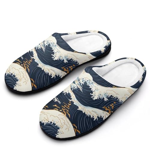 Japanese Great Waves Women's Cotton Slippers Indoor Outdoor Slip-on Warm House Shoes with Anti-Skid Rubber Sole