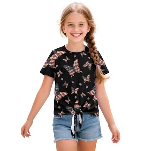 Girls Tie Knot Front T-Shirt Casual Cute Summer Short Sleeves Loose Crewneck Tops Age 5-12 Years for Summer