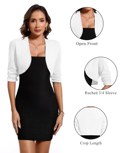 Image of MINTLIMIT Bolero Cardigans for Women Ruched 3 /4 Sleeve Open Front Cropped Cardigan Boleros Shrug Jackets for Evening Dresses