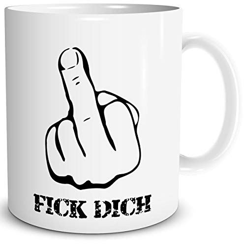 TRIOSK Tasse Mittelfinger mit Spruch lustig Fick Dich Stinkefinger Geschenk für Arbeit Büro Frauen Freundin Männer Kollegen Weiß, Keramik 300ml