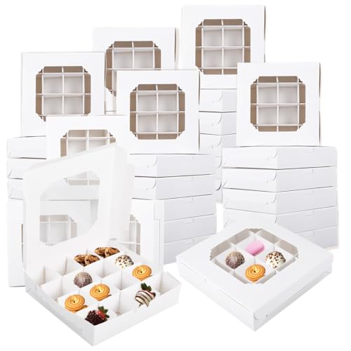 Fizocosisto 20pcs Empty White Pick and Mix Sweet Boxes with Inserts Clear Window and Divider for Chocolate Sweet Assortment 16-Compartments Quick Assemble Sampler Boxes Bakery Boxes(white 20pcs)