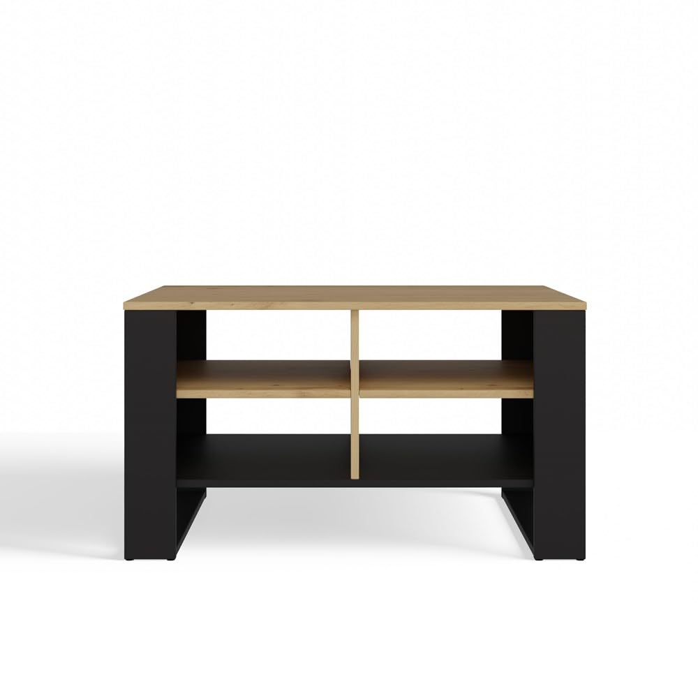 CDF Table Basse Moderne Roble Artisan Noir 90 x 58 x 50 cm Rangement Salon Design Industriel Meuble rectangulaire étagères Bois ingenierie Stable avec 4 Niveaux de Rangement Ouverts