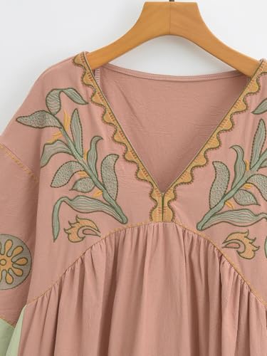 Image of Joiemont Womens Oversized Floral Embroidered Long Dress with V-Neck and 3 /4 Sleeves Vintage Embroidery Babydoll Dress