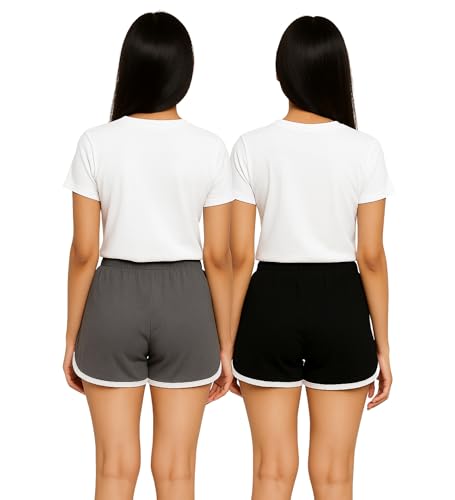 Image of Hangout Hub Women's Cotton Shorts | Boxer Half Pant with Sporty Stripe | Elastic Waist | Hypoallergenic Breathable Fabric | Sweat Absorbent Material | Gym Exercise Yoga Lounge Run Wear (Multi Color)