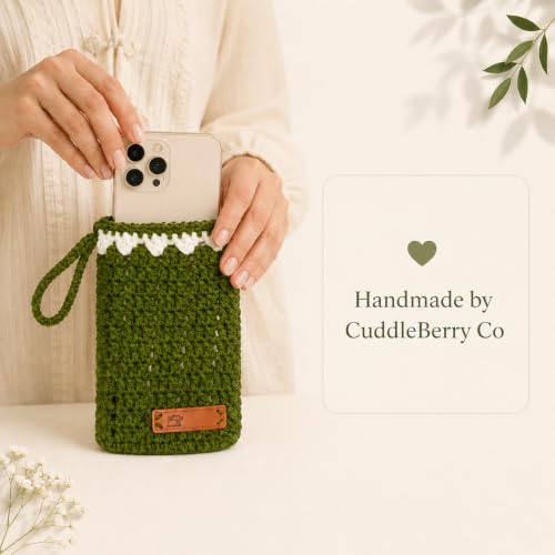 Image of CuddleBerry Co Handmade Crochet Mobile Pouch, Forest Green, with Wrist Strap, Phone Sleeve for Women and Girls