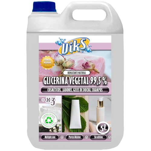 Viks | GLICERINA VEGETAL 99,5% PURO | Para uso cosmético: jabones, geles, champús, cremas | Hidrata pelo y cabello | Glicerol incoloro y soluble en agua y alcohol | 5 Litros