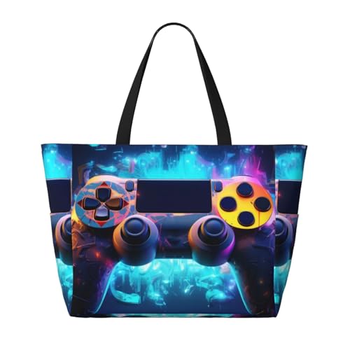 Neon Video Game Controller Large Capacity Travel Bag Lightweight Shopping Handbag Beach Tote Bags Casual Work Bag2