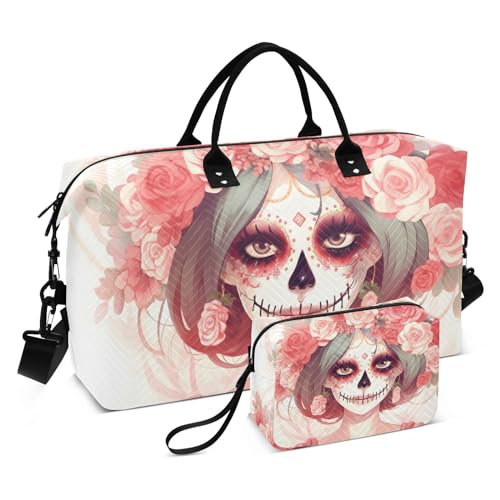 Large Travel Duffel Bag, Mexican Floral Skull Sports Tote Gym Bag, Shoulder Weekender Overnight Bag for Women Men, Carry On Luggage with Toiletry Bags