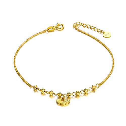 18K Gold Bracelets For Women, Solid Yellow Gold Wheat Chain Beads Bracelet With Seashell Jewelry Anniversary Christmas Gift For Her, 6.5"+1" #TOP19