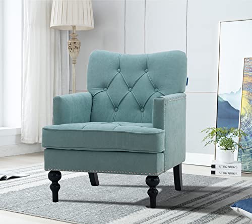 Artechworks Tufted Club Chair Fabric Modern Accent Single Sofa With Studded Nailhead Wooden Legs Armchair Comfy Upholstered For Club Living Room Bedroom Office Reading Room Blue And Green, Teal Green #TOP25