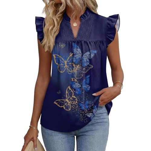 AKEWEI Womens Summer Ruffle Sleeve Lace Embroidered V Neck Work Blouses Pleated Tank Top