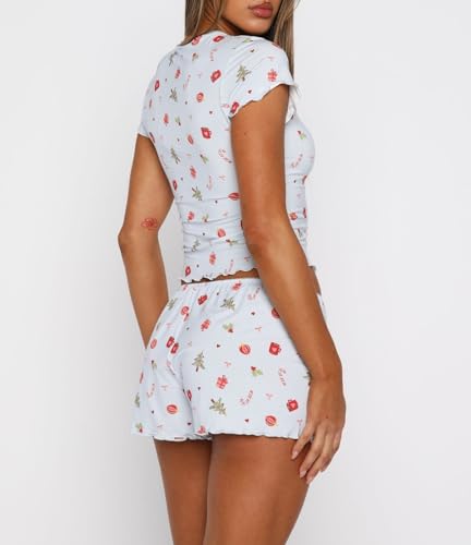 Image of Lacozy Cute Pajamas for Women Set 2 Piece Short Sleeve Pjs Floral Graphic Crop Top Y2K Summer Sleepwear Lounge Set