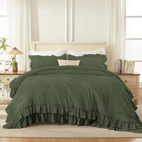Image of Andency Olive Green Queen Comforter Set (90x90Inch), 3 Pieces Lightweight Fluffy Ruffle Bedding Comforter Sets for Queen Bed, Farmhouse Shabby Chic Soft Polyester All Season Bed Set