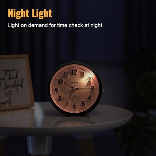 Image of Lamisola 4 Inch Alarm Clock for Bedrooms, Small Analog Desk Clock, Black | Battery Operated Bedside Clock for Bedroom Bathroom Home Nightstand Shelf, Night Light Snooze, Minimalist Clocks for Seniors