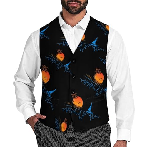 Heartbeat with Sailboat Tropical Palm Trees Mens Slim Fit Suit Vest Dress Waistcoat Casual Business Vest