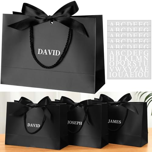 Fullhawl 6 Pack Custom Gift Bags Bulk Personalized Black Groomsmen Gift Bags with Name Logo Stickers Handle Bow Ribbon 5 Senses Welcome Return Gifts for Wedding Proposal Bachelor Birthday Party
