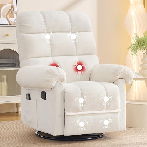 Korser 360° Swivel Rocker Recliner Chair, Rocking Chair Nursery with Massage and Heat, Small Recliners for Small Space, Manual Reclining Chair with Cozy Chenille Fabric, Side Pockets for Living Room