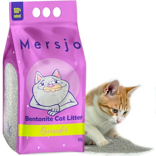 Mersjo Arena de bentonita lavanda 10 l – Arena natural para gatos, sin polvo, fuerte formación de grumos, alta absorción de humedad, respetuoso con el medio ambiente