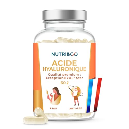 NUTRI & CO Acide Hyaluronique - Formule Anti-Age & Anti-Rides Efficace - Hydrate en Profondeur - Hydratation et Élasticité de la Peau - 60 gélules Vegan Made in France