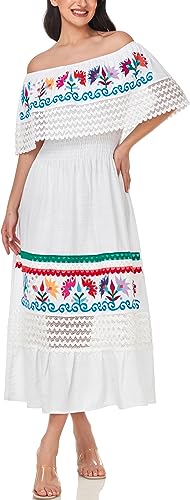 Image of YZXDORWJ Women Embroidered Mexican Peasant Casual Sexy Lace Off-Shoulder Long Dress
