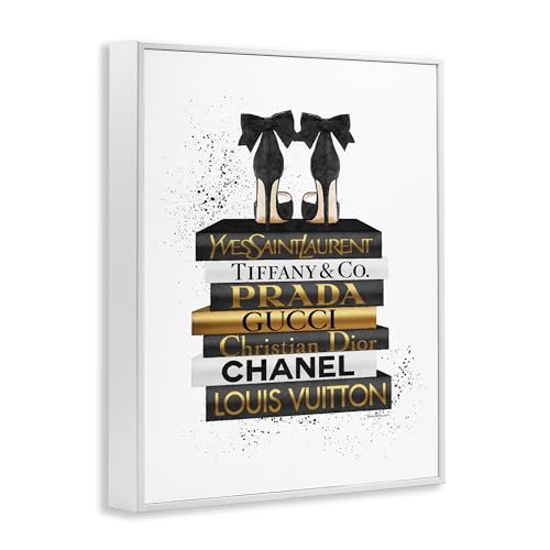 Image of 'Black Gold White Glam Bookstack'| Framed Giclee Art | Stupell Industries | White, 16 x 20 Inches, Easy to Hang and Sturdy, Made in USA, by Amanda Greenwood