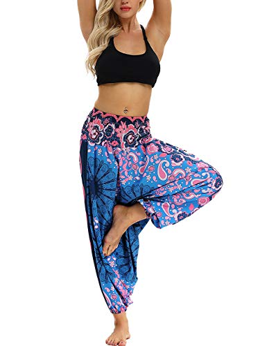 besbomig Mujeres Pantalon de Harén Casual Suelto Pierna Ancha Hippie Pantalones - Cintura Alta Bohemio Estilo Danza Yoga Pilates Pantalones