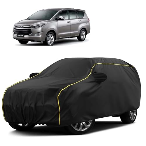 Image of Sulfar 100% Water Resistant Car Body Cover Compatible with Mirror for Toyota Innova (Triple Stitched, Full Bottom Elastic, Black Taffeta with Yellow Piping)