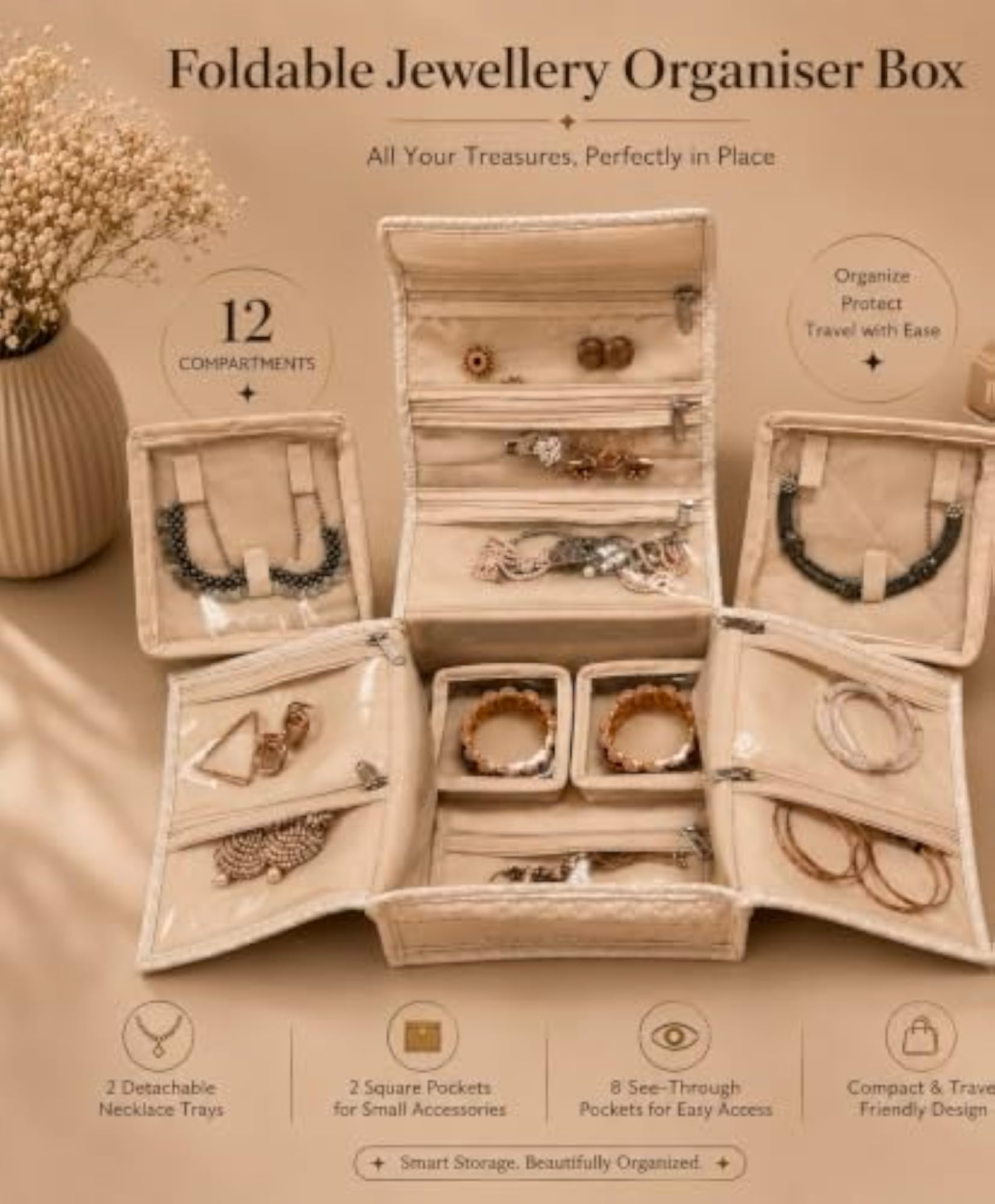 Foldable Jewellery Organizer with Multiple Compartments