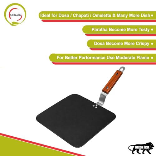 Image of amicus Pure Iron Tawa for Roti Dosa Chapati Omelette, Flat Square Iron Tava, Gas Stove Compatible, 9X9 Inch, 1.25 Kg, Black, 100% Smooth Food Grade, Multi-Purpose Tawa