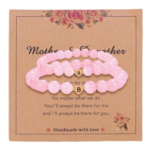 Mother Daughter Bracelets,2 Pcs Pink Heart letter healing beads bracelet for women,matching bracelets for mom and daughter| Mothers Day Christmas Birthday Homecoming Gifts for Women