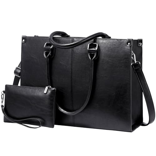 LOVEVOOK Laptop Tote Bag for Women, 15.6 Inch Large Capacity Vintage Leather Waterproof Work Computer Handbag with Clutch Purse, Ideal Gift for Women, Office & Daily Use, Black by LOVEVOOK - Used condition - US$35.60