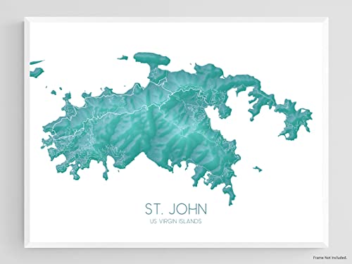 St John Usvi Map Wall Art Print, Turquoise 3D Topographic Saint John Island Gifts Poster, Us Virgin Islands (8 X 10", Landscape (Horizontal)) #TOP2