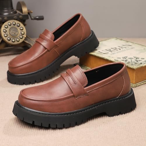 Image of Men's Leather Platform Chunky Slip-On Penny Loafers Classic Round Toe Lug Sole Business Casual Formal Work Shoes