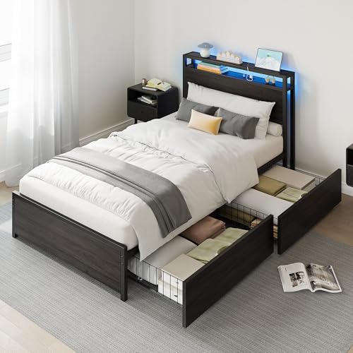 LIKIMIO Twin XL Bed Frame DIY Storage Drawer Layout Headboard with 2-Tier Shelves & Charging Station & LED Light Suitable for Teen Rooms Small Apartments & Bedrooms Black