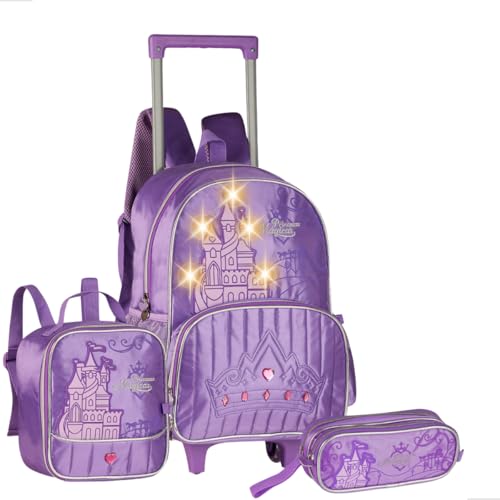Kit Mochila Escolar Infantil com Rodinhas, 3 Peças, Roxo, Design Princesa Mágica com Luzes LED, Lancheira e Estojo, Clio Style