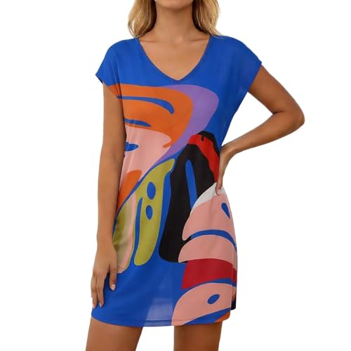 MaNMaNing Stilvolles, Bedrucktes Kurzarm Strandkleid Für Für Strandkleider Pareos & Strandkleider Beach Kleid Damen Strandbluse Damen Lang Strandtuch Sommerkleid Ärmellos Hängerchen Kleid