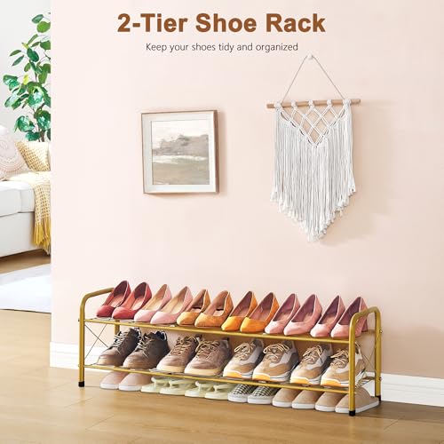 Image of Hoctieon 2 Tier Shoe Rack for Closet, Durable Mesh Style Shoe Rack, Entryway Shoe Shelf, Shoe Storage Organizer for Hallway, Bedroom, Living Room, Wardrobe, Gold