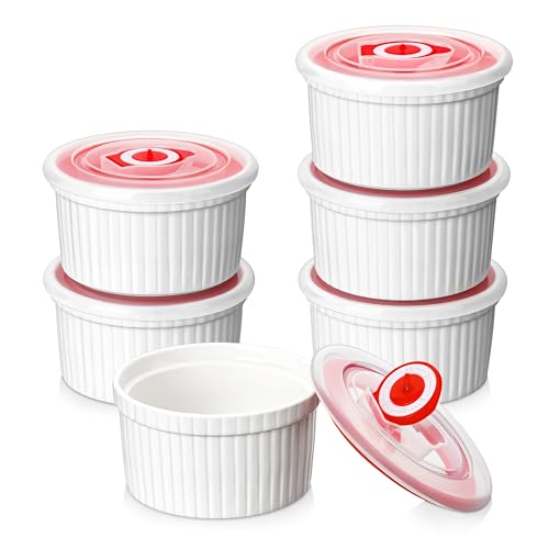 MALACASA Ramekins with Lids 8 oz - Set of 6, White Porcelain Creme Brulee Souffle Ramekins with Covers, Ceramic Custard Cups for Baking, Dishwasher and Oven Safe, Series RAMEKIN-DISH
