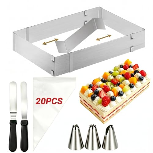 ZOVRIXIA Backrahmen Rechteckig Verstellbar Backrahmen Eckig Verstellbar Edelstahl mit Spatel Spritzbeutel Tüllen Rechteck Terrassenrahmen rechteckige Backform ausziehbarer Patisserienrahmen