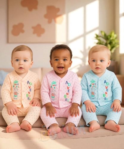 Image of BONUM Baby's Boy's Girl's 100% Cotton Button Shirt with Pyjama Pant Set of 3 New Born Baby Clothes