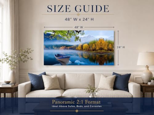 Image of Arjun Lake Canvas Wall Art Landscape Blue Boat Painting Framed Large 48x24 | Wall Art for Living Room Picture Bedroom Nature Mountain Artwork Modern Nature Scenery Home Office Dining Room Wall Decor