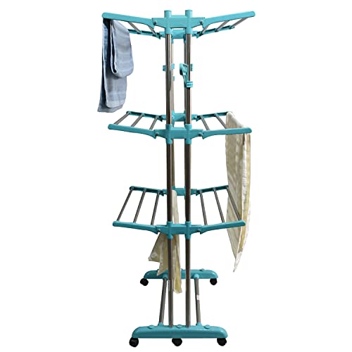 Image of CIPLA PLAST Stainless Steel Heavy Duty Double Pole 3 Layer Foldable & Movable Prince Jumbo Cloth Drying Stand for Balcony and Floor BRC-786 SS (Green)